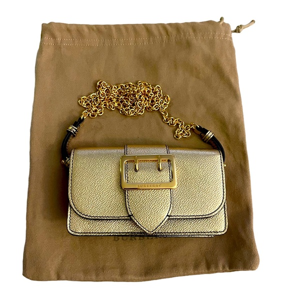 BURBERRY- Metallic Soft Grain Calfskin Mini Phone Buckle Bag Gold - Pre- Owned - Picture 4 of 11